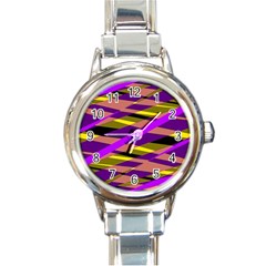 Abstract Geometric Blocks, Yellow, Orange, Purple Triangles, Modern Design Round Italian Charm Watch by Casemiro