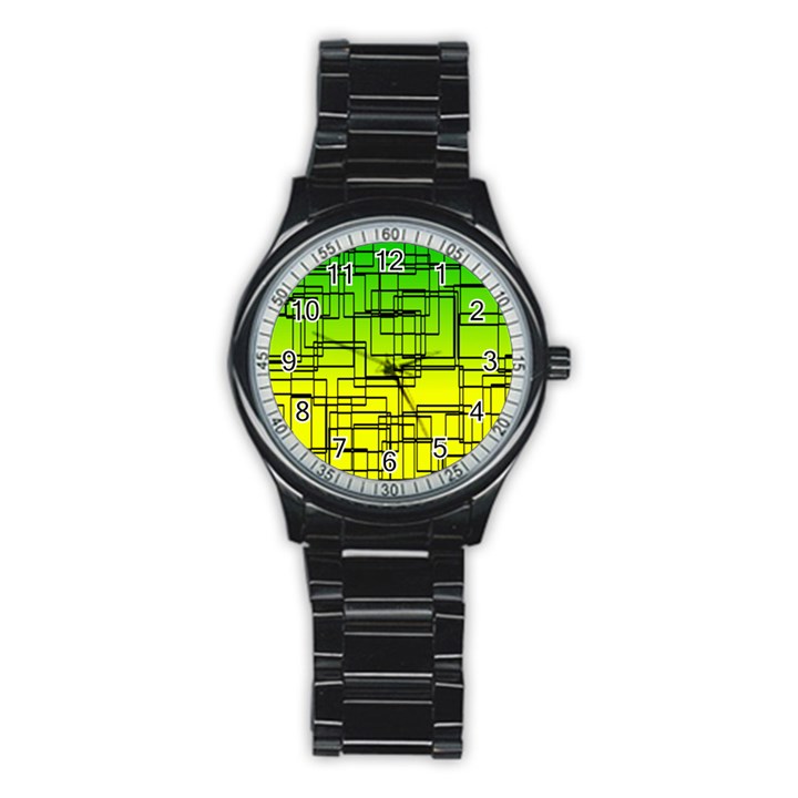 Geometrical lines pattern, asymmetric blocks theme, line art Stainless Steel Round Watch