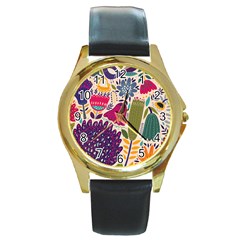 Spring Pattern Round Gold Metal Watch