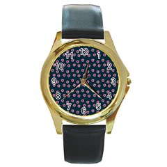 Peach Purple Daisy Flower Teal Round Gold Metal Watch