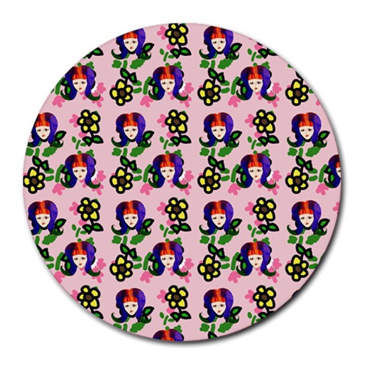 60s Girl Pink Floral Daisy Round Mousepads