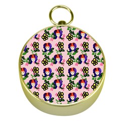 60s Girl Pink Floral Daisy Gold Compasses by snowwhitegirl