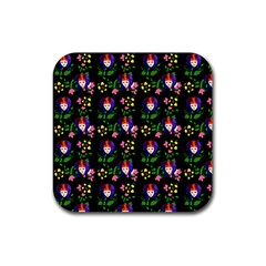 60s Girl Floral Daisy Black Rubber Coaster (square)  by snowwhitegirl