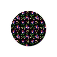 60s Girl Floral Daisy Black Rubber Round Coaster (4 Pack)  by snowwhitegirl