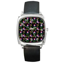 60s Girl Floral Daisy Black Square Metal Watch by snowwhitegirl