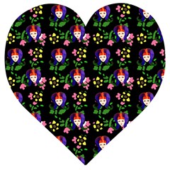 60s Girl Floral Daisy Black Wooden Puzzle Heart by snowwhitegirl