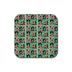 60s Girl Floral Green Rubber Coaster (square)  by snowwhitegirl