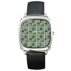 60s Girl Floral Green Square Metal Watch by snowwhitegirl