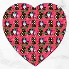 60s Girl Dark Pink Floral Daisy Jigsaw Puzzle (heart) by snowwhitegirl