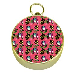 60s Girl Dark Pink Floral Daisy Gold Compasses by snowwhitegirl