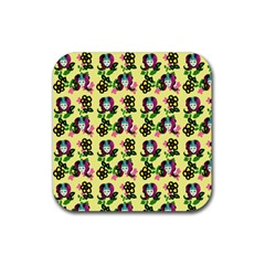 60s Girl Yellow Floral Daisy Rubber Coaster (square)  by snowwhitegirl