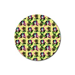 60s Girl Yellow Floral Daisy Rubber Round Coaster (4 Pack)  by snowwhitegirl