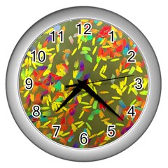 Colorful Brush Strokes Painting On A Green Background                                                    Wall Clock (silver) by LalyLauraFLM