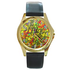 Colorful Brush Strokes Painting On A Green Background                                                    Round Gold Metal Watch by LalyLauraFLM