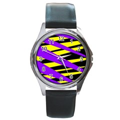 Abstract Triangles, Three Color Dotted Pattern, Purple, Yellow, Black In Saturated Colors Round Metal Watch by Casemiro