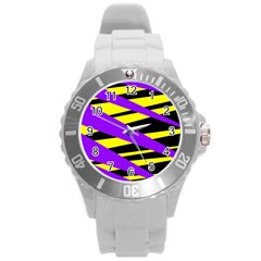 Abstract Triangles, Three Color Dotted Pattern, Purple, Yellow, Black In Saturated Colors Round Plastic Sport Watch (l) by Casemiro