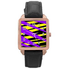 Abstract Triangles, Three Color Dotted Pattern, Purple, Yellow, Black In Saturated Colors Rose Gold Leather Watch  by Casemiro