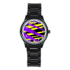 Abstract Triangles, Three Color Dotted Pattern, Purple, Yellow, Black In Saturated Colors Stainless Steel Round Watch by Casemiro