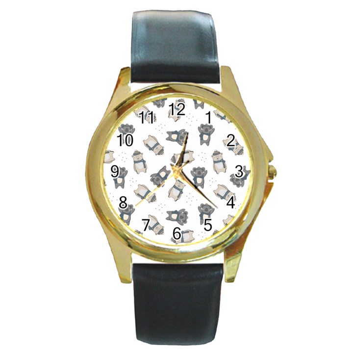 Cute Seamless Pattern With Koala panda Bear Round Gold Metal Watch