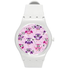 Seamless Cute Colourfull Owl Kids Pattern Round Plastic Sport Watch (m) by Amaryn4rt