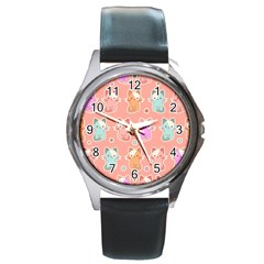 Cute Kawaii Kittens Seamless Pattern Round Metal Watch by Amaryn4rt