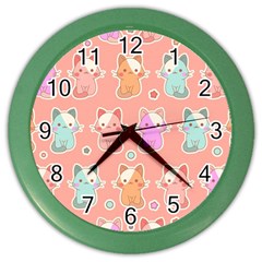 Cute Kawaii Kittens Seamless Pattern Color Wall Clock by Amaryn4rt