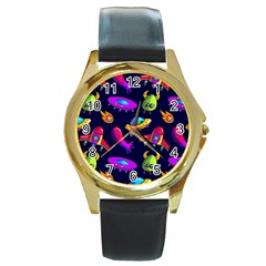 Space Pattern Round Gold Metal Watch by Amaryn4rt