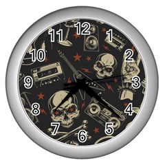 Grunge Seamless Pattern With Skulls Wall Clock (silver) by Amaryn4rt