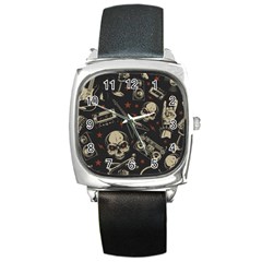 Grunge Seamless Pattern With Skulls Square Metal Watch by Amaryn4rt