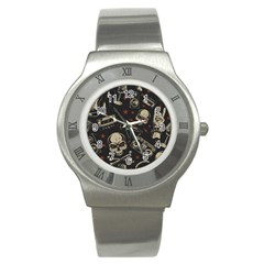 Grunge Seamless Pattern With Skulls Stainless Steel Watch by Amaryn4rt