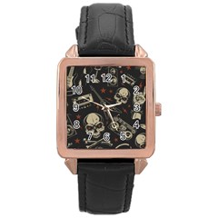 Grunge Seamless Pattern With Skulls Rose Gold Leather Watch  by Amaryn4rt