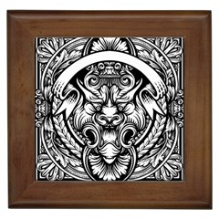 Tiger Illustration Vintage Border Frame Engraving With Retro Ornament Pattern Antique Rococo Style Framed Tile by Amaryn4rt