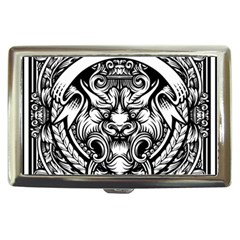 Tiger Illustration Vintage Border Frame Engraving With Retro Ornament Pattern Antique Rococo Style Cigarette Money Case