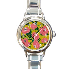 Pink Flower Seamless Pattern Round Italian Charm Watch by Amaryn4rt