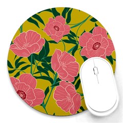 Pink Flower Seamless Pattern Round Mousepads by Amaryn4rt