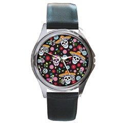 Day Dead Skull With Floral Ornament Flower Seamless Pattern Round Metal Watch by Amaryn4rt