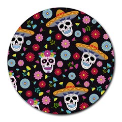 Day Dead Skull With Floral Ornament Flower Seamless Pattern Round Mousepads by Amaryn4rt