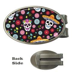 Day Dead Skull With Floral Ornament Flower Seamless Pattern Money Clips (oval)  by Amaryn4rt