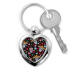 Day Dead Skull With Floral Ornament Flower Seamless Pattern Key Chain (heart) by Amaryn4rt