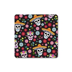 Day Dead Skull With Floral Ornament Flower Seamless Pattern Square Magnet by Amaryn4rt