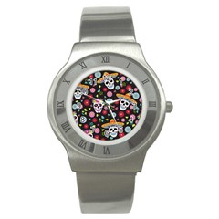 Day Dead Skull With Floral Ornament Flower Seamless Pattern Stainless Steel Watch by Amaryn4rt