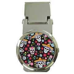 Day Dead Skull With Floral Ornament Flower Seamless Pattern Money Clip Watches by Amaryn4rt