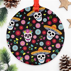 Day Dead Skull With Floral Ornament Flower Seamless Pattern Round Ornament (two Sides) by Amaryn4rt