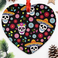 Day Dead Skull With Floral Ornament Flower Seamless Pattern Heart Ornament (two Sides) by Amaryn4rt