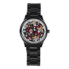 Day Dead Skull With Floral Ornament Flower Seamless Pattern Stainless Steel Round Watch by Amaryn4rt