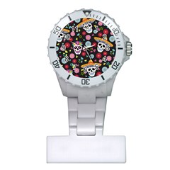 Day Dead Skull With Floral Ornament Flower Seamless Pattern Plastic Nurses Watch by Amaryn4rt