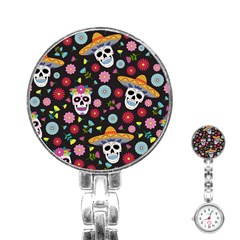 Day Dead Skull With Floral Ornament Flower Seamless Pattern Stainless Steel Nurses Watch by Amaryn4rt