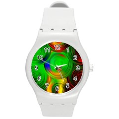 Pebbles In A Rainbow Pond Round Plastic Sport Watch (m) by ScottFreeArt