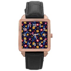 Floral Pattern Dark Rose Gold Leather Watch  by originaljewelleryandwatches