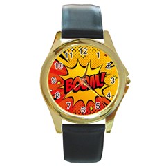 Explosion Boom Pop Art Style Round Gold Metal Watch by Amaryn4rt